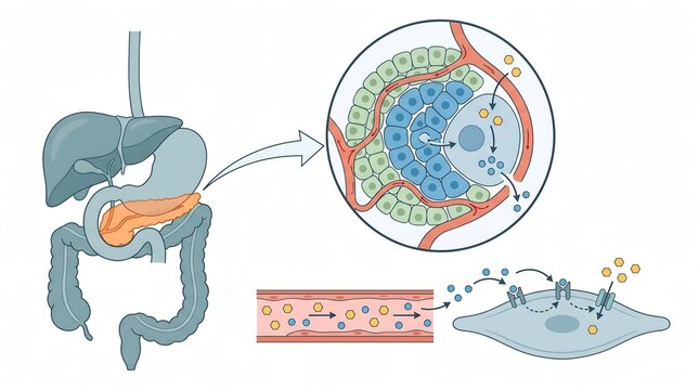 Human pancreas regulating blood glucose levels through hormone secretion and cellular interaction