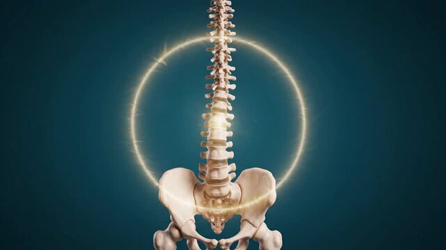 Human spine and pelvis model with glowing light showing back pain