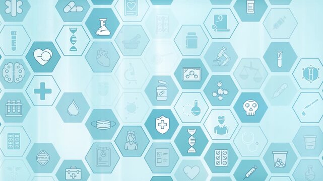 Medical research and healthcare icons in a hexagonal pattern