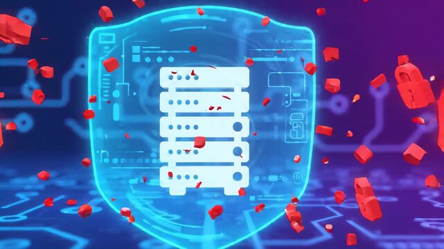 Red skull padlocks attacking central data server protected by glowing blue digital shield against background of interconnected electronic circuit board patterns representing cyber security breach