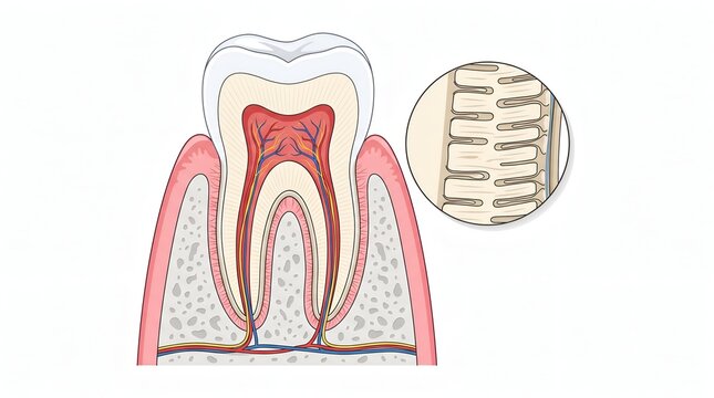Medical illustration of a human tooth anatomy cross section showing enamel dentin pulp and microscopic tubules for dental education