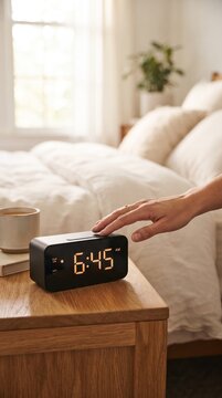 A hand reaches out to silence a digital alarm clock displaying 6:45, resting on a bedside table next to a mug and a neatly made bed.