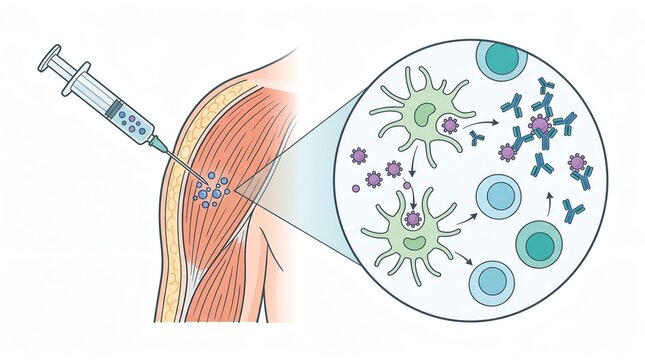 Medical illustration of vaccine injection mechanism and immune response