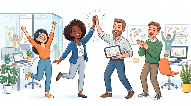 Diverse team celebrates successful project completion with high fives and applause in modern office
