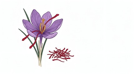 Obraz premium Saffron crocus flower with dried red spice threads on white background