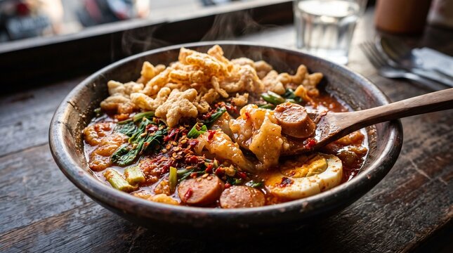 Spicy Thai Noodle Soup with Pork Sausage Boiled Egg and Crispy Cracklings in a Rustic Wooden Bowl on a Textured Table