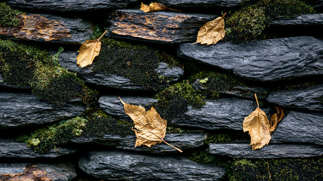 Full frame texture of a stacked slate stone wall with green moss and dry leaves