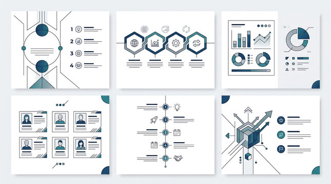 Set of professional business infographic templates with charts and diagrams for corporate presentation.