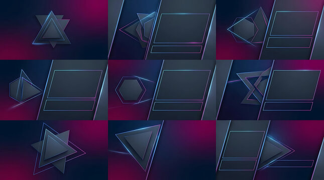 Set of abstract geometric lower thirds with dark metallic frames and glowing blue edges.