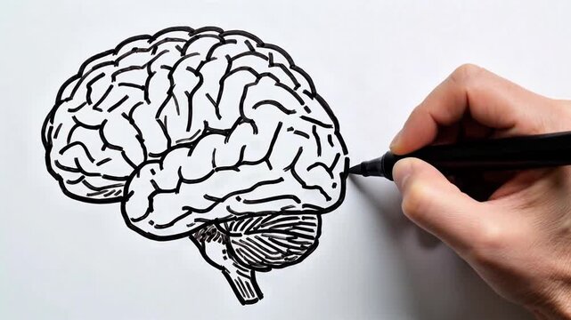 Close-up of a person drawing a human brain sketch using a black marker on a white paper surface in a creative concept