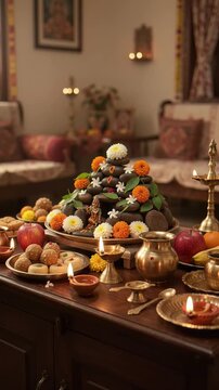 Traditional Govardhan Puja Hill Decoration with Sweets and Oil Lamps