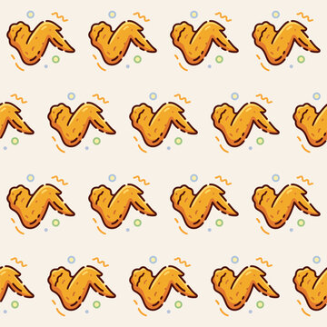 Seamless repeating pattern of fried chicken wing illustrations in a cartoon style on a neutral background