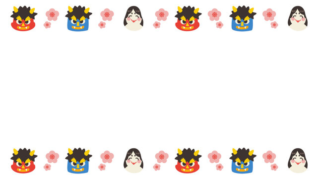 節分　赤鬼青鬼おたふくの横長ヘッダー　ベクターイラスト