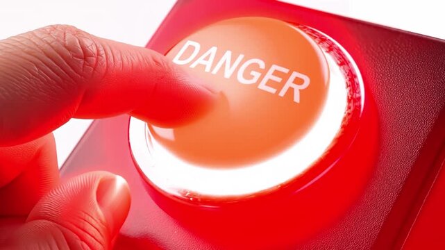 Close-up of a human finger pressing a big red button with the word danger written on it, activating an emergency system
