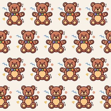Seamless repeat pattern featuring brown cartoon teddy bears with colorful bow ties on a neutral background
