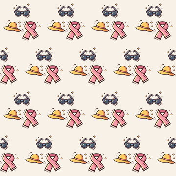 Fashion accessory seamless pattern with vector icons of sunglasses sun hats and scarves on cream background