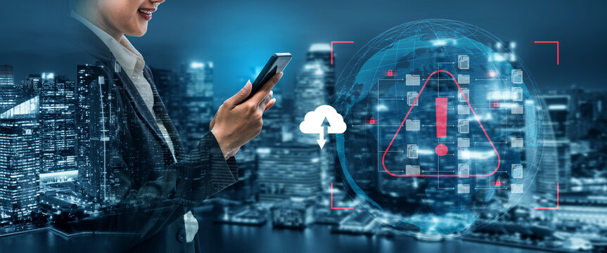 Business professional engages with mobile device amidst a futuristic cityscape, highlighting technology and communication with digital alert symbols, showcasing modern work dynamics. Nascent