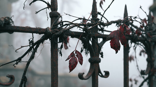 Old iron fence covered in withered vines against a misty grey background