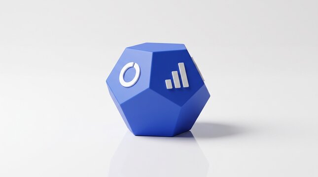 Blue D20 Dice with White Symbols on White Background