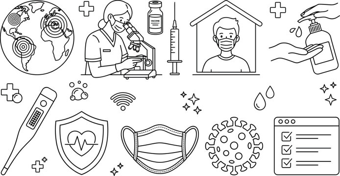 Coronavirus pandemic prevention and medical healthcare vector line icon set featuring vaccine syringe face mask and quarantine elements