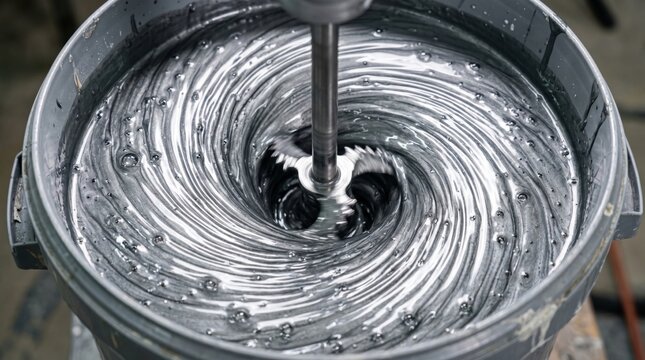 Industrial mechanical drill mixer blending metallic grey paint inside a bucket at a renovation workshop