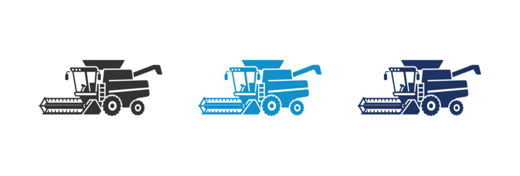 Agricultural combine harvester machine icons in three different color variations for farming design.
