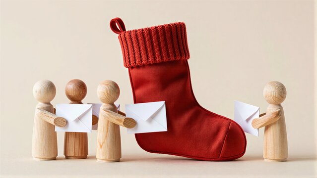 Wooden figures hold letters, presenting them to a large red Christmas stocking.
