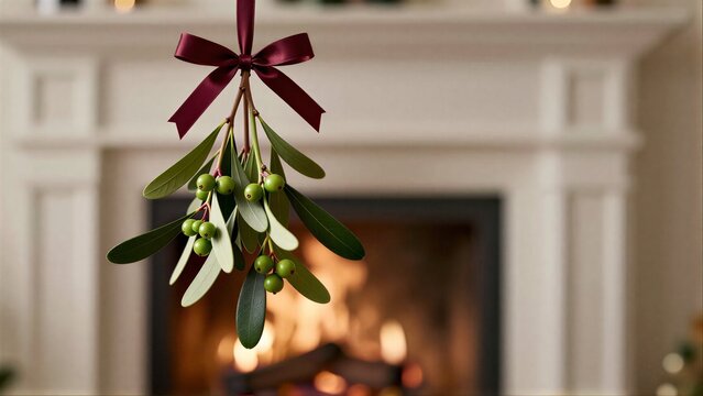 Mistletoe with red bow hangs above warm fireplace, festive holiday scene.