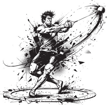 Black and white of a male athlete performing a hammer throw with ink splatter and motion lines on white background
