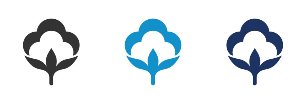 Cotton flower icons set in black and blue colors for textile industry branding.