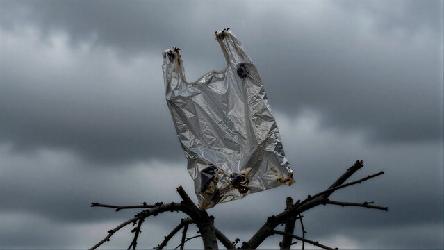 Worn plastic bag perched on bare branches against a gloomy, cloudy sky.