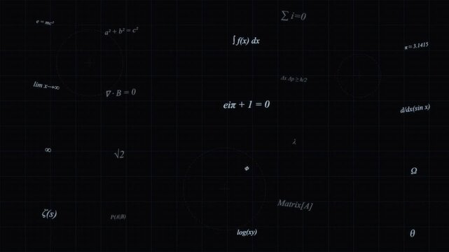 Mathematical Equations and Physics Formulas Floating on Dark Grid Background