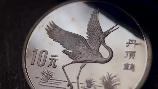 Chinese silver coin featuring an elegant crane in a wetland setting, with detailed feather relief, engraved Chinese characters, reeds, polished metallic surface, and refined numismatic craftsmanship.