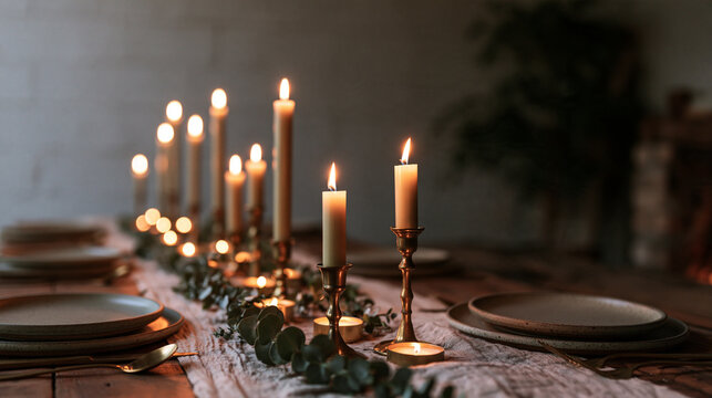 Candlelight Table Setting with Burning Candles and Eucalyptus Garland