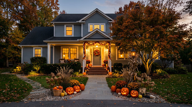 Suburban house decorated for Halloween.