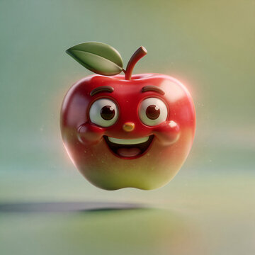 Cute 3D Character Illustration of a Smiling Red with Big Eyes and a Green Leaf Floating on a Soft Background