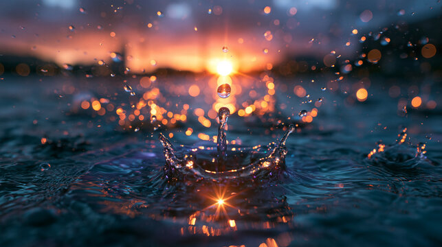 Water Splash Crown with Sunset Reflection and Bokeh