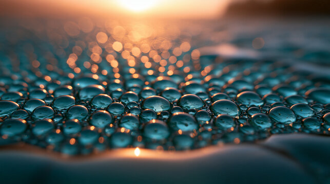 Macro Water Droplets Reflecting Sunset Glow Background