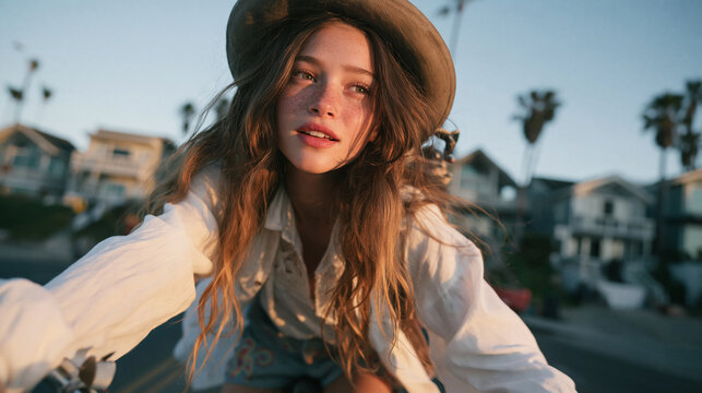 Young Woman Riding Bicycle at Sunset During Summer Vacation