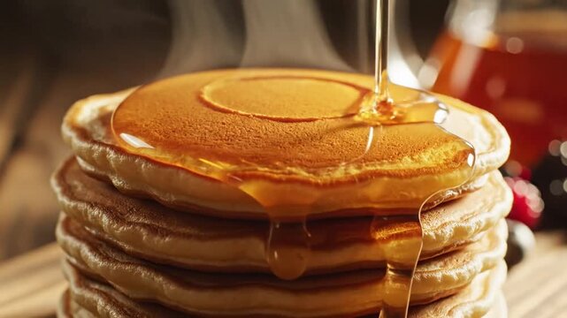 Golden Pancakes Stack Drenched in Sweet Maple Syrup Close up