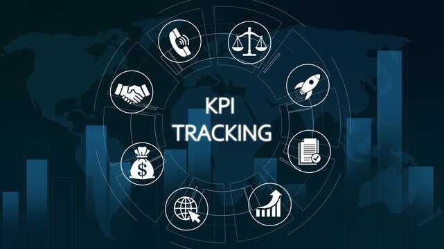 Kpi tracking digital infographic with global business icons and data analytics motion key performance indicators