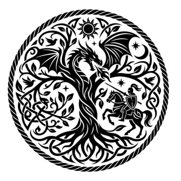 vector illustration of a dragon vs knight