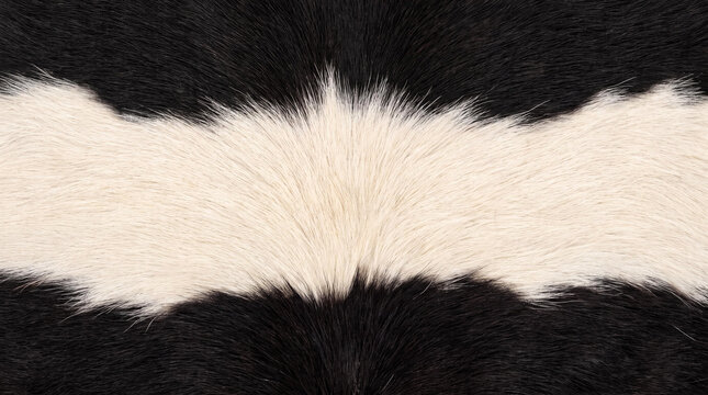 Natural cowhide texture background, black and white animal fur pattern, rustic leather hide rug detail