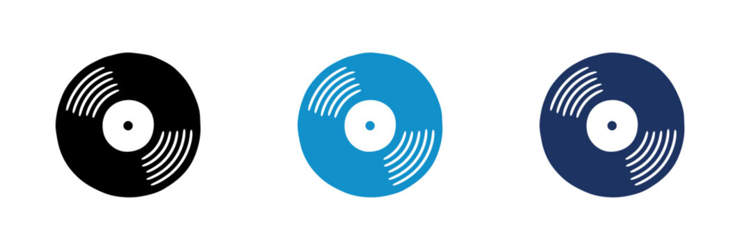 Set of three vinyl record icons in black light blue and dark blue colors.