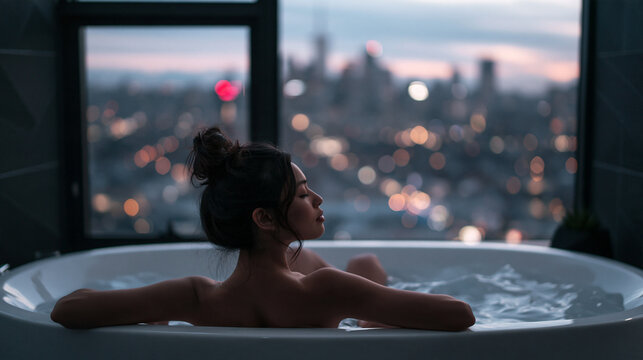 Woman Relaxing in Luxury Bathtub Overlooking City Skyline at Night