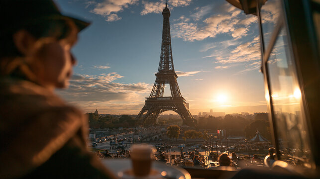 Eiffel Tower at Sunrise Viewed from Cafe in Paris