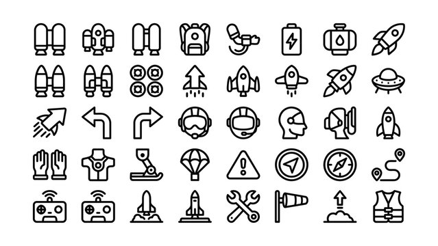 Collection of space and technology icons featuring rockets astronauts and futuristic symbols