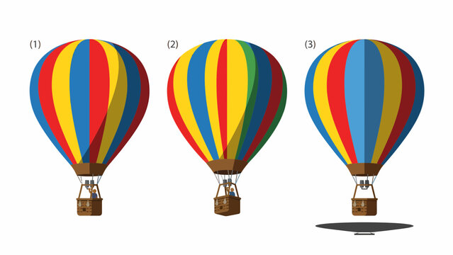 Three colorful hot air balloons shown in different stages of flight, one on the ground, one ascending, and one in the air.