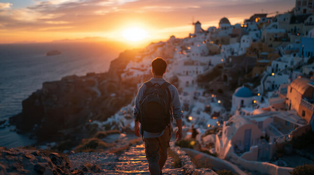Male Backpacker Walking Along Scenic Santorini Village at Sunset