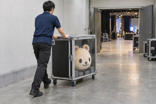 車輪付き保護ケースで着ぐるみ頭部を会場へ搬入するスタッフ